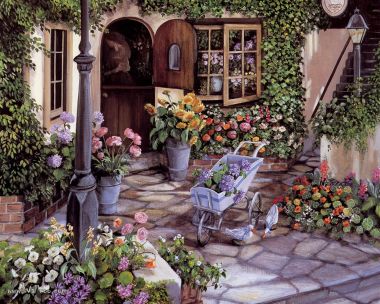 Susan Rios 田园油画 鲜花簇拥的小屋庭院