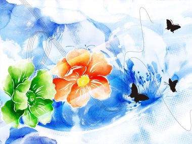 清新水彩花卉与蝴蝶艺术插画