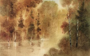 秋日序曲：森林湖畔水彩画