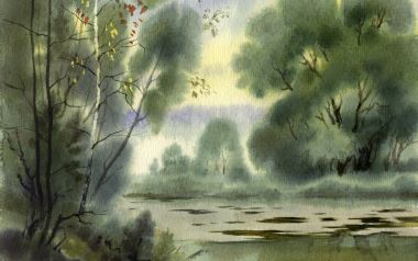 水彩画风格森林河流风景