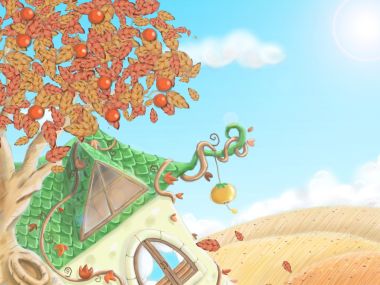 Autumn Fairytale Cottage Persimmon Tree Illustration