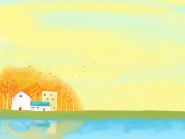 秋日森林湖畔小屋插画