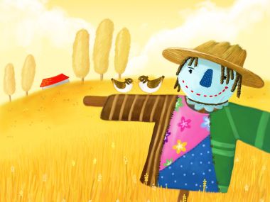 Cute Scarecrow In Autumn Wheat Field Illustration