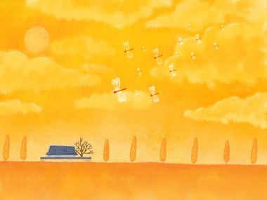 Autumn Golden Field With Dragonflies Illustration