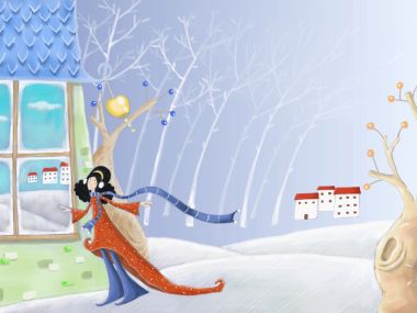 冬季雪景中的少女插画