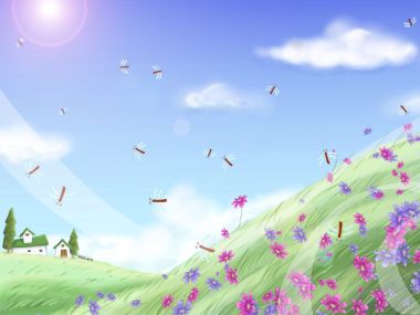 清新田园花海与蜻蜓插画