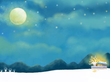 梦幻雪夜满月小屋插画