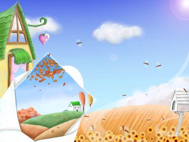 秋日童话小屋与向日葵田园插画