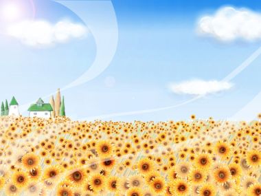 清新治愈系向日葵花田小屋插画