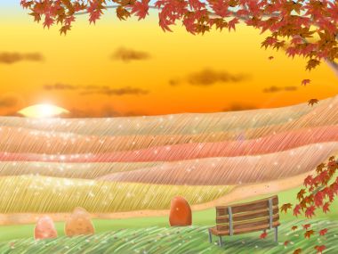 秋日夕阳下的枫叶长椅插画