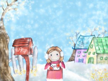 冬日雪景中寄信的女孩插画