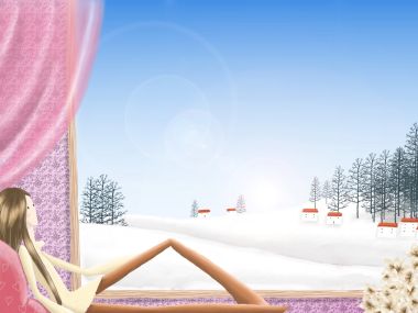 Girl Looking Out Window Winter Landscape Illustration