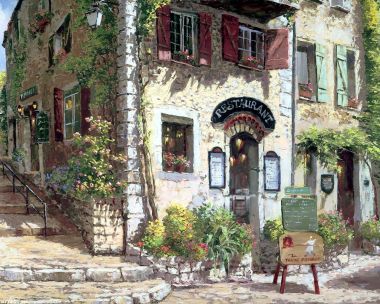 Bella France 法国小镇街角餐厅风景油画