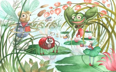 童话风格昆虫池塘下午茶水彩插画