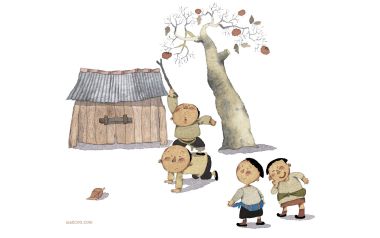 怀旧童年系列插画A-10 孩童搭梯打柿子