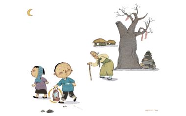 童年A-11 怀旧乡村孩童提灯夜行手绘插画