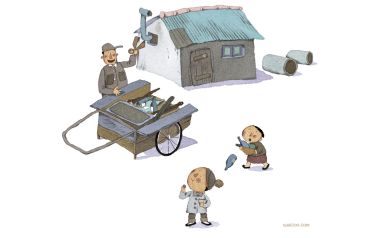 童年回忆系列A-12 老巷补锅手艺人童趣插画