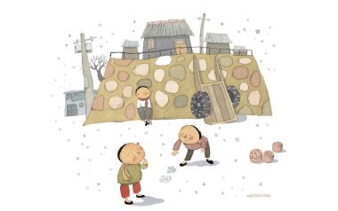 怀旧童年冬日孩童玩耍 老居民区童趣水彩插画