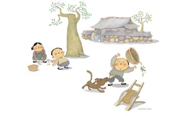 童年系列A-3 乡村农家孩童嬉戏怀旧插画