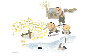 童年系列A-4 乡村孩童春日溪边嬉戏水彩插画