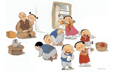 怀旧童年系列B-01 朝鲜族祖孙同乐民俗水彩插画