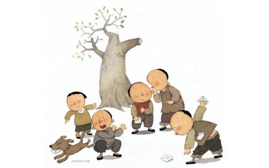 怀旧童年插画 老树下孩童玩纸飞机嬉戏场景