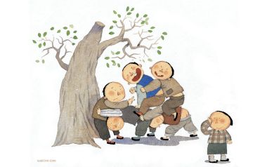 怀旧童年系列插画 老树下孩童玩叠罗汉游戏