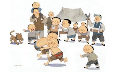 童年系列B-05 老北京民俗孩童摔跤市井场景插画