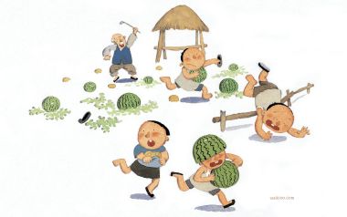 怀旧童年系列插画 孩童偷西瓜被老农追赶
