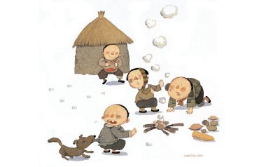 怀旧童年系列 冬日孩童雪地围炉烤红薯水彩插画