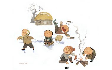 怀旧老北方冬日童年孩童雪地嬉戏水彩插画