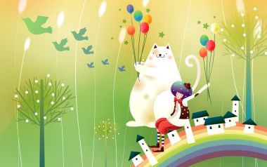 Cartoon Fairytale World Cat And Clown With Balloons