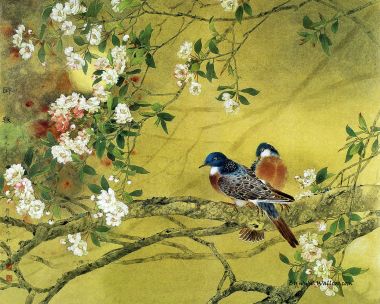 邹传安工笔花鸟作品《醉春》 梨花双禽图