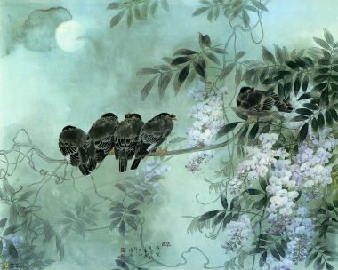 邹传安工笔花鸟作品 月夜紫藤栖鸟