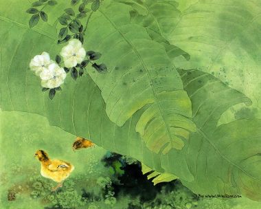 邹传安工笔花鸟 芭蕉雏鸡国画