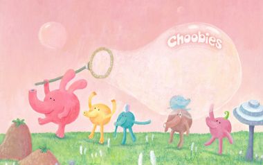 Choobies Cute Colorful Elephants Blowing Bubbles Illustration