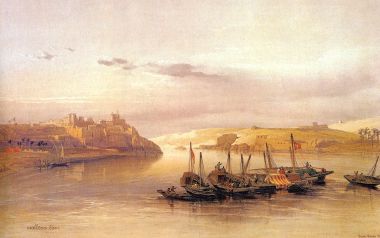 大卫·罗伯茨 1838年 埃及阿斯旺象岛尼罗河风景水彩画