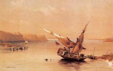 大卫·罗伯茨1838年作品 伊卜里姆堡垒南侧尼罗河风景水彩画