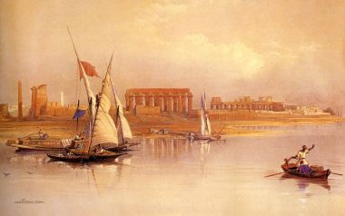大卫·罗伯茨1838年作品 尼罗河眺望卢克索古埃及遗址水彩画
