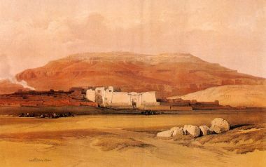 大卫·罗伯茨1838年水彩作品 埃及梅迪奈特阿布遗址沙漠风光