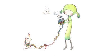 白日梦系列 剪毛线逗白兔 童趣手绘插画