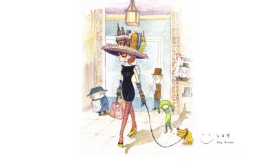 白日梦系列 都市时髦女士遛狗创意水彩插画