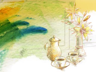 水彩手绘下午茶咖啡与百合静物插画