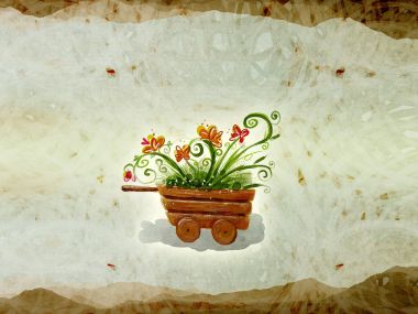 复古手绘小推车花卉装饰插画