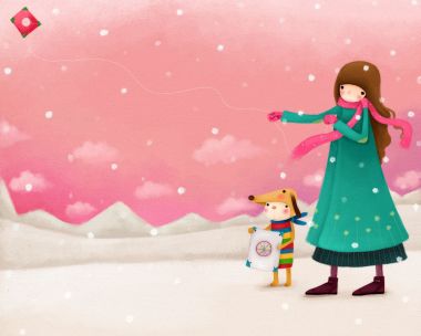 雪地里放风筝的女孩与小狗