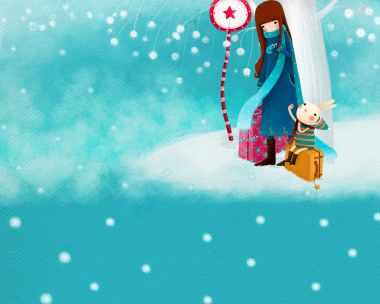 雪中车站的少女与兔子插画