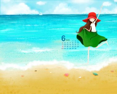 六月海滩度假少女插画日历