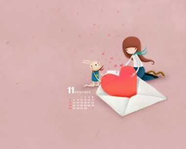 十一月温馨治愈系女孩与兔子爱心插画日历