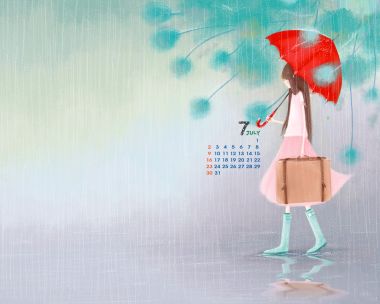 七月雨中撑伞女孩插画日历
