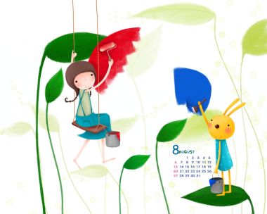 August Calendar Illustration Girl And Rabbit